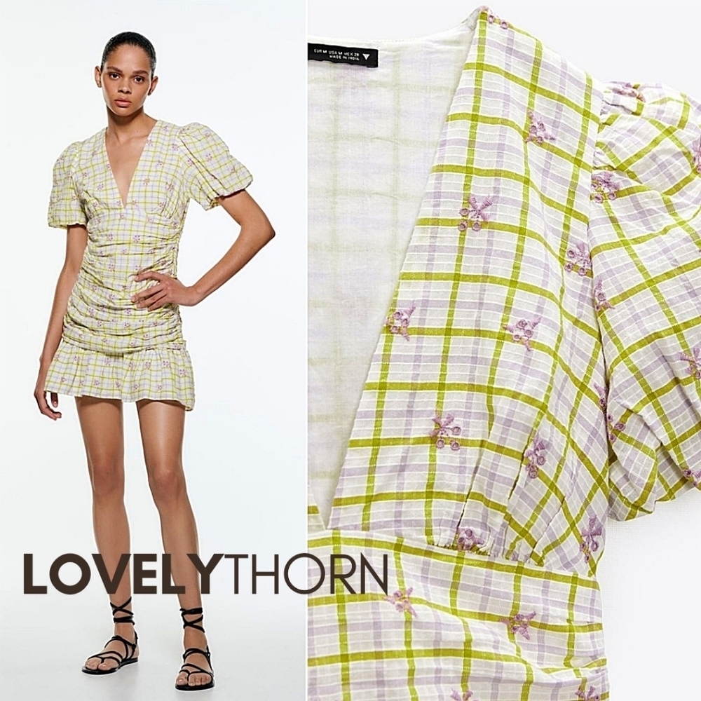 ZARA // floral checkered print plunge puff sleeve draped mini dress - Picture 10 of 13